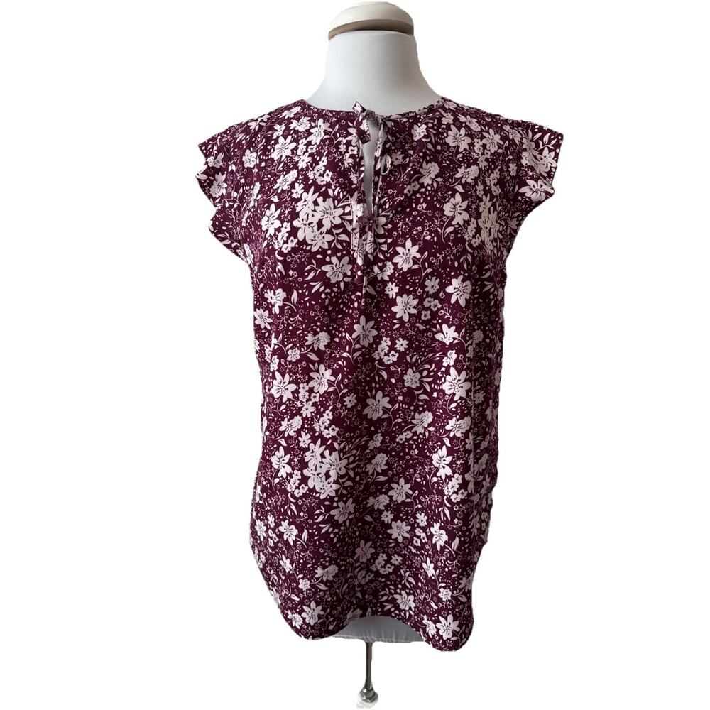 Fun2Fun Purple Floral Flutter Sleeve V Tie Blouse Women's L Relaxed Fairy Boho
